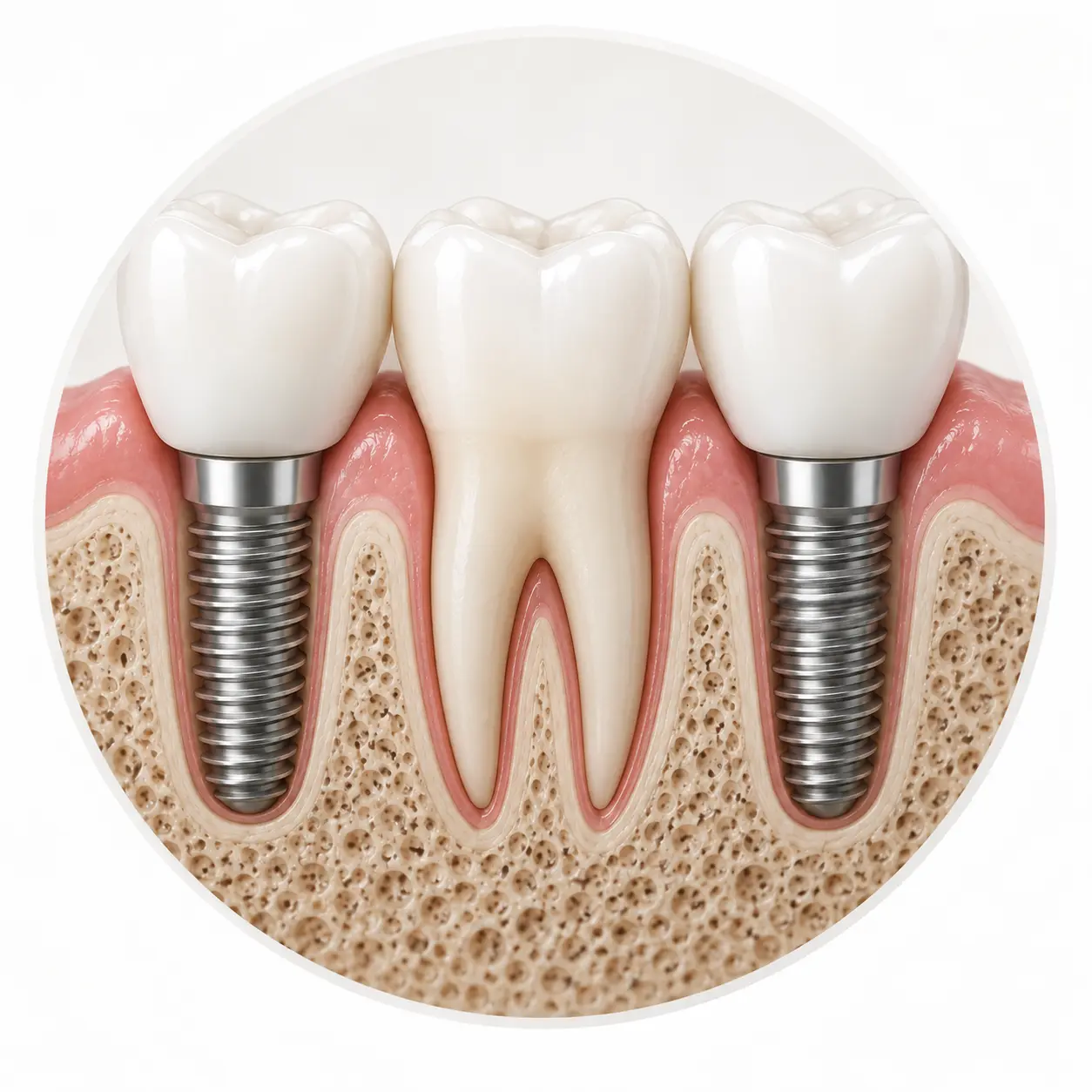 Ilustração de implantes para substituir vários dentes